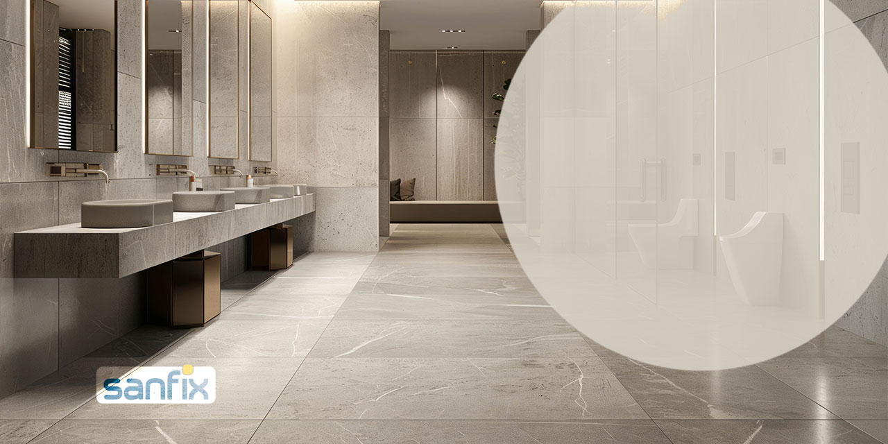 Modern washroom finished with large-format stone tiles